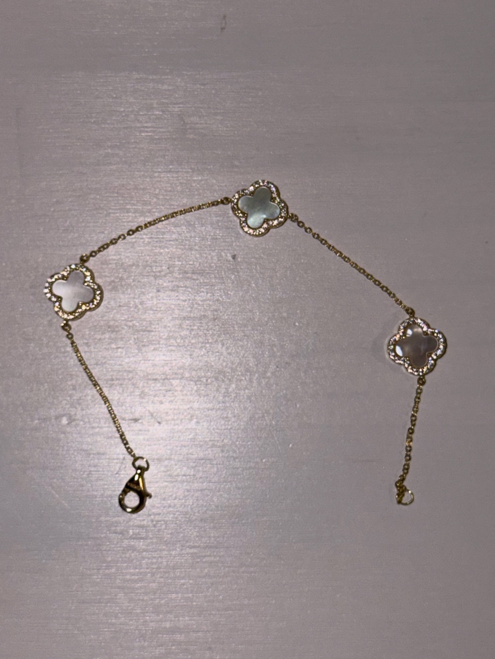 Gold Clover Mother-of-Pearl Bracelet with Rhinestones - Double Sided